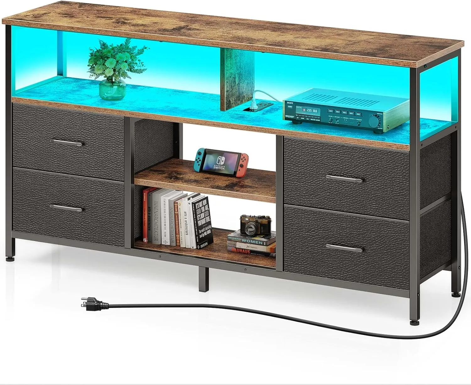 Rolanstar TV Stand with Power Outlets and LED Light, 4 Fabric Drawers Entertainment Center for 32/45/55/65 inch TVs, Media Console with Storage for Living Room or Bedroom, Rustic Brown