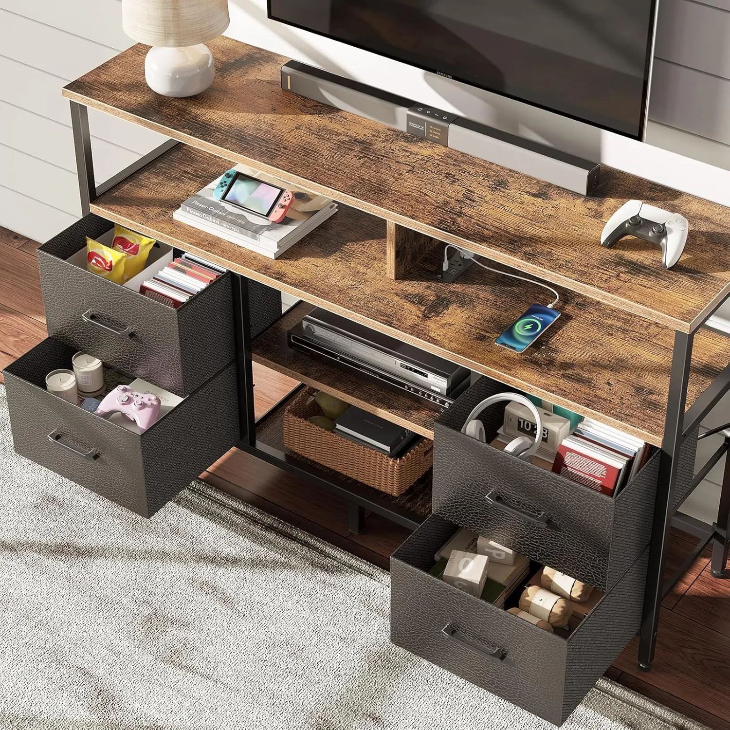 Rolanstar TV Stand with Power Outlets and LED Light, 4 Fabric Drawers Entertainment Center for 32/45/55/65 inch TVs, Media Console with Storage for Living Room or Bedroom, Rustic Brown