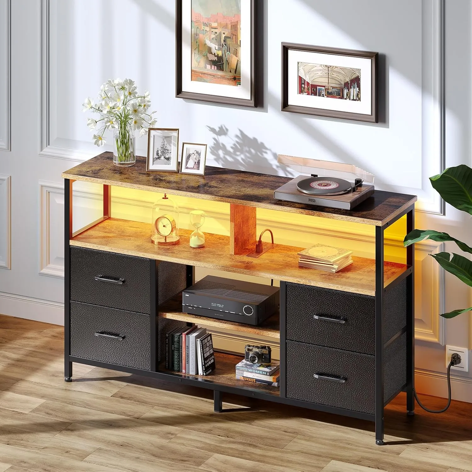 Rolanstar TV Stand with Power Outlets and LED Light, 4 Fabric Drawers Entertainment Center for 32/45/55/65 inch TVs, Media Console with Storage for Living Room or Bedroom, Rustic Brown