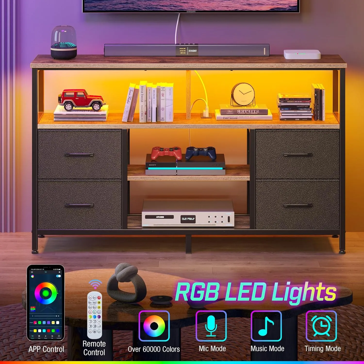 Rolanstar TV Stand with Power Outlets and LED Light, 4 Fabric Drawers Entertainment Center for 32/45/55/65 inch TVs, Media Console with Storage for Living Room or Bedroom, Rustic Brown