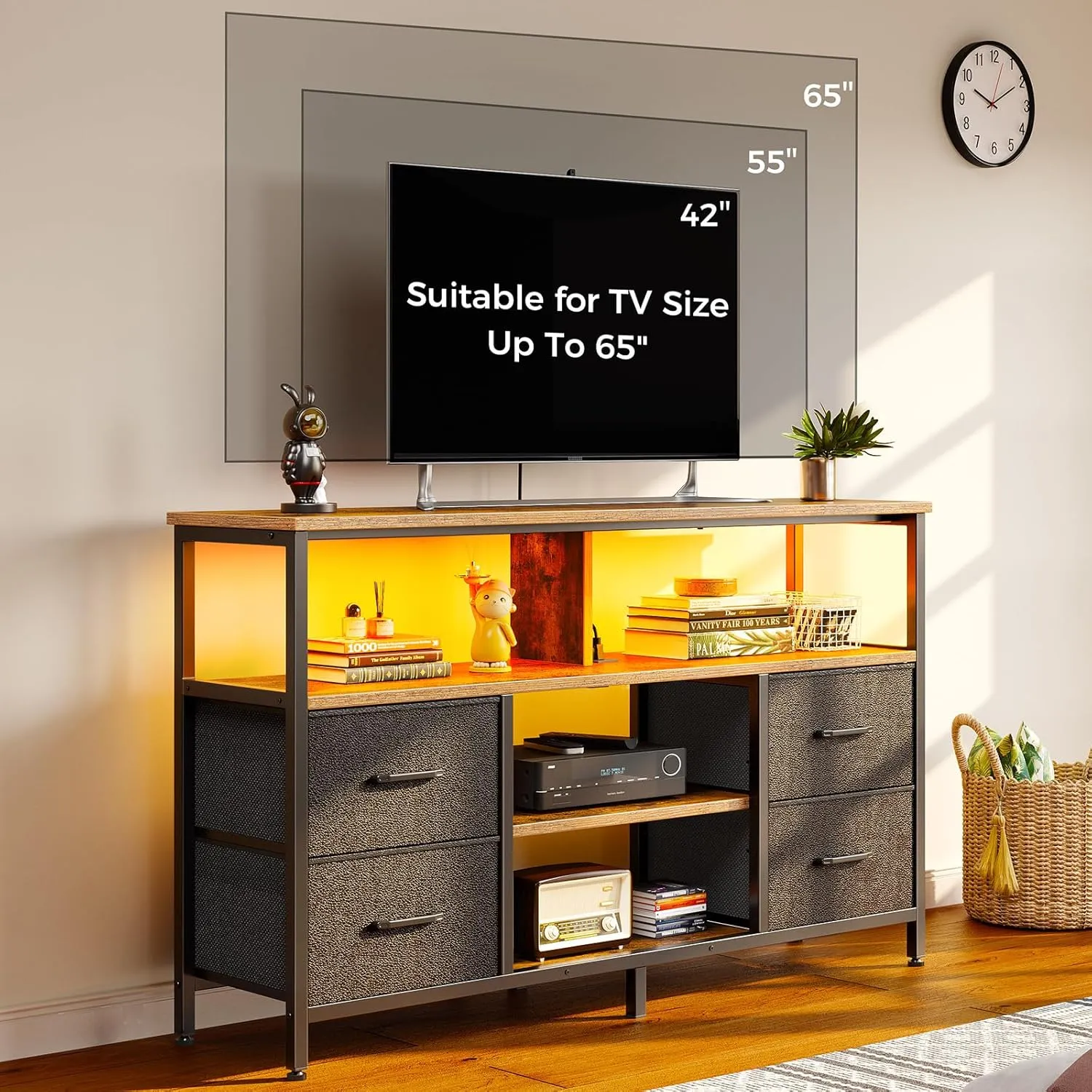 Rolanstar TV Stand with Power Outlets and LED Light, 4 Fabric Drawers Entertainment Center for 32/45/55/65 inch TVs, Media Console with Storage for Living Room or Bedroom, Rustic Brown