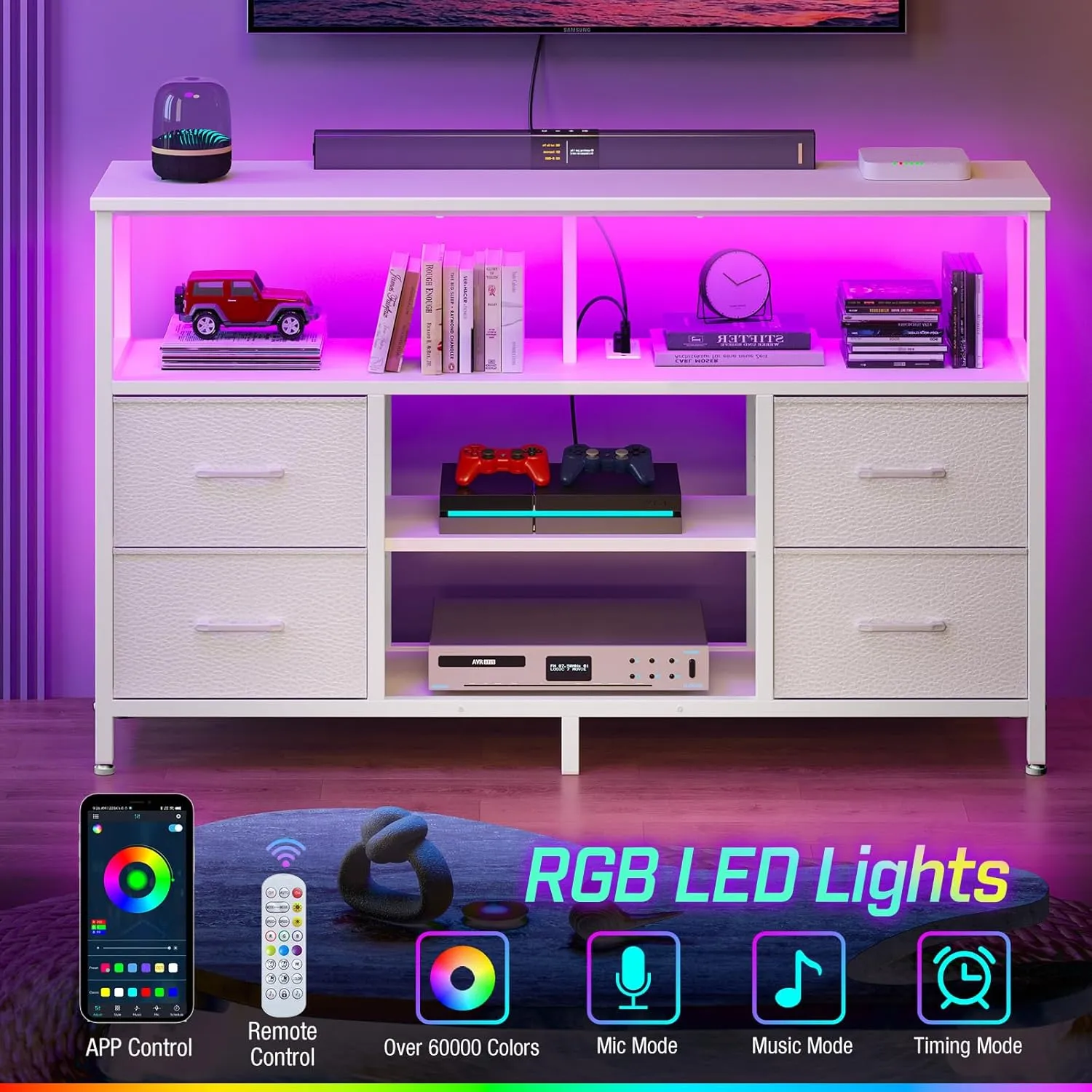 Rolanstar TV Stand with Power Outlets and LED Light, 4 Fabric Drawers Entertainment Center for 32/45/55/65 inch TVs, Media Console with Storage for Living Room or Bedroom, White