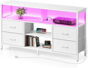 Rolanstar TV Stand with Power Outlets and LED Light, 4 Fabric Drawers Entertainment Center for 32/45/55/65 inch TVs, Media Console with Storage for Living Room or Bedroom, White