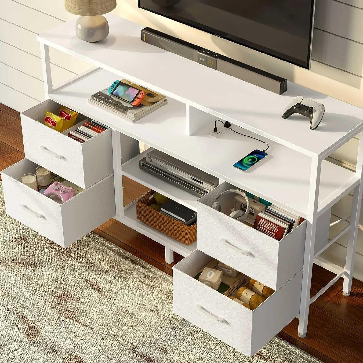 Rolanstar TV Stand with Power Outlets and LED Light, 4 Fabric Drawers Entertainment Center for 32/45/55/65 inch TVs, Media Console with Storage for Living Room or Bedroom, White