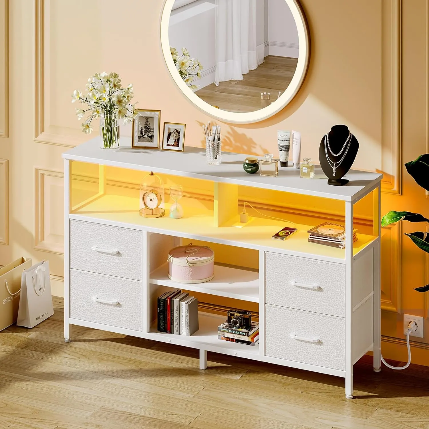 Rolanstar TV Stand with Power Outlets and LED Light, 4 Fabric Drawers Entertainment Center for 32/45/55/65 inch TVs, Media Console with Storage for Living Room or Bedroom, White