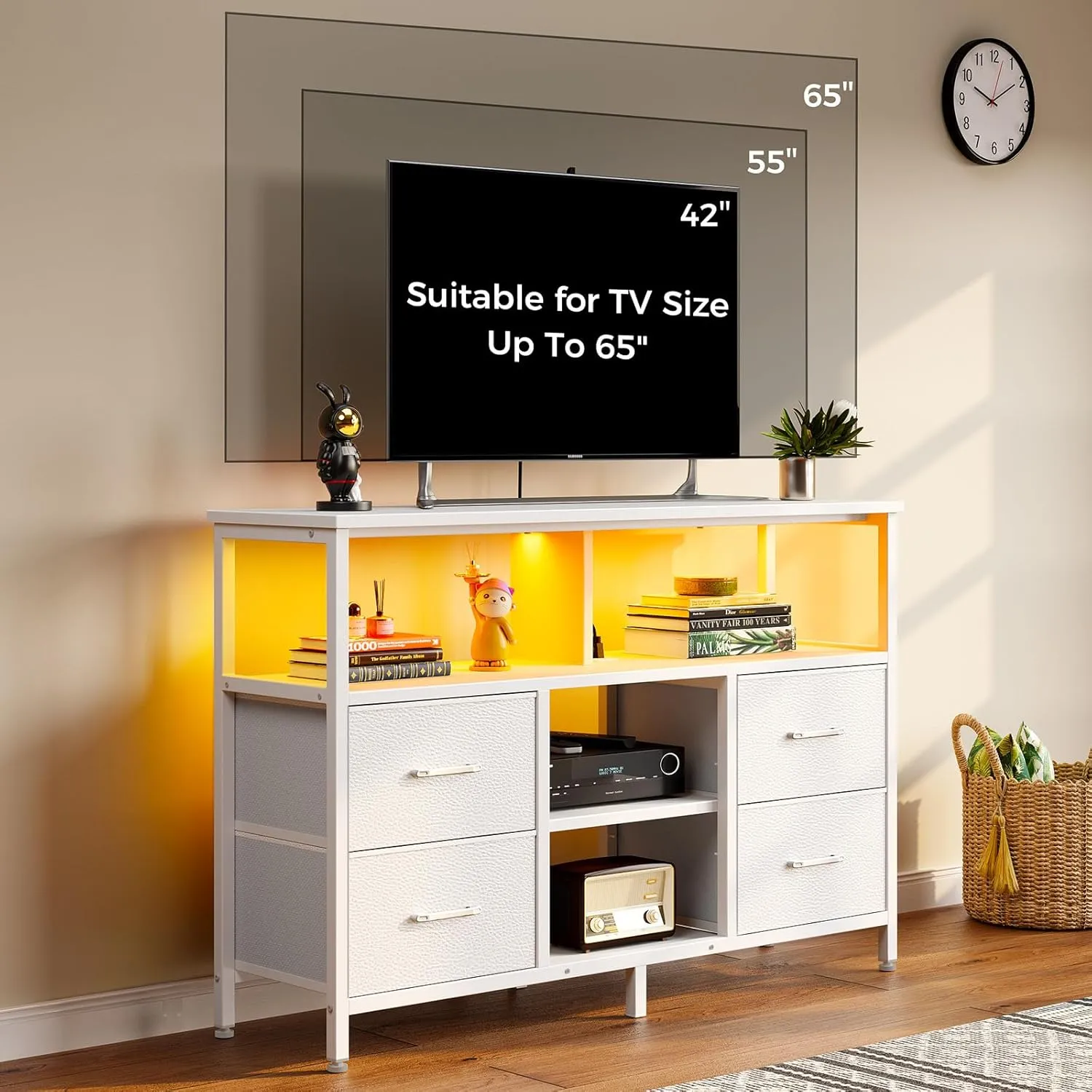 Rolanstar TV Stand with Power Outlets and LED Light, 4 Fabric Drawers Entertainment Center for 32/45/55/65 inch TVs, Media Console with Storage for Living Room or Bedroom, White