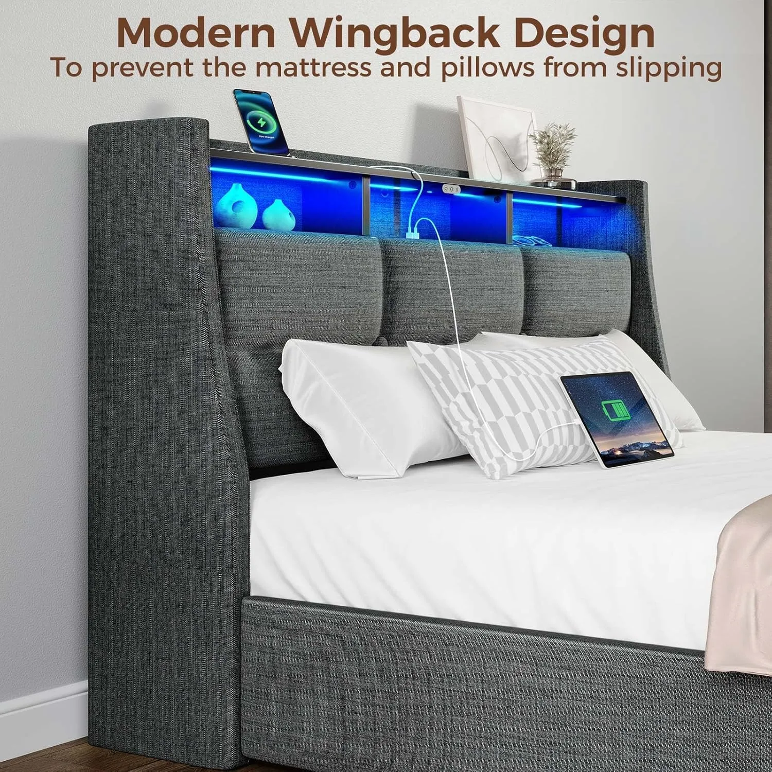 Rolanstar Twin Size Bed Frame with LED Lights and Charging Station, Upholstered Bed Storage Headboard & Drawers, Heavy Duty Wood Slats, Easy Assembly