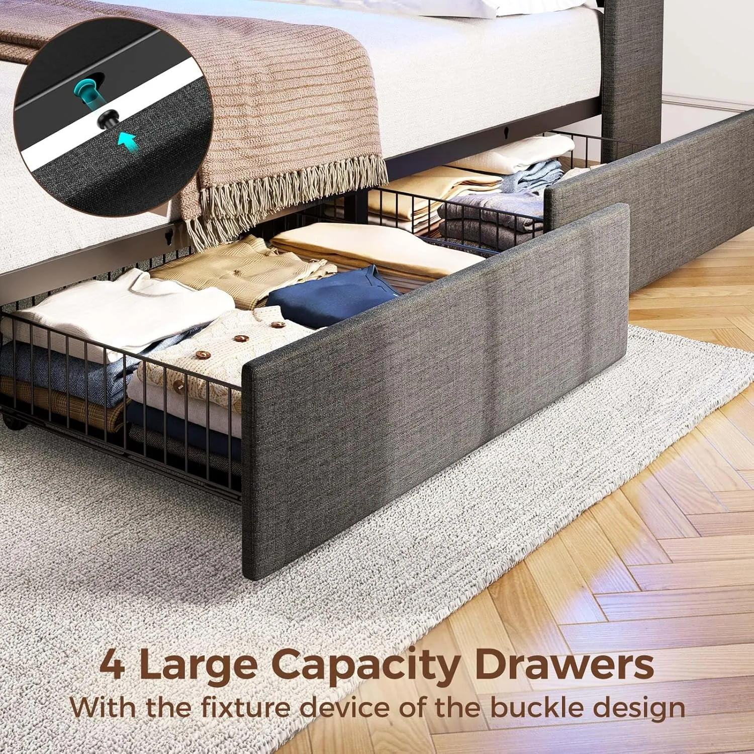 Rolanstar Twin Size Bed Frame with LED Lights and Charging Station, Upholstered Bed Storage Headboard & Drawers, Heavy Duty Wood Slats, Easy Assembly