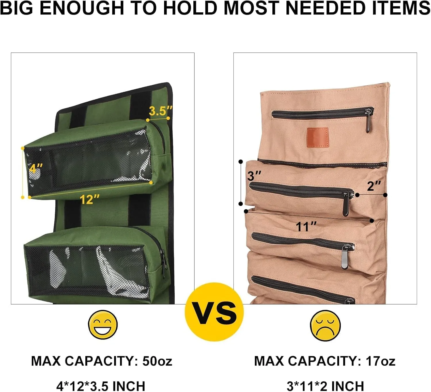 Roll Tool Bag, Green Wrench Roll Organizer, Canvas Roll Up Tool Bag, Multi-Purpose Tool Roll Organizer,Tool Pouch for Motorcycle Car