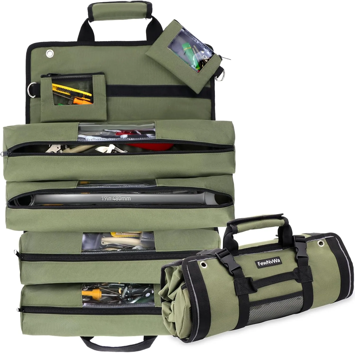 Roll Up Tool Bag - Portable Tool Roll Up Organizer Bag with Detachable Pouches, Heavy Duty Tool Bag with 7 Pockets for Men, Mechanic, Electrician, Dad Birthday Christmas Gifts, Green