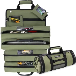 Roll Up Tool Bag - Portable Tool Roll Up Organizer Bag with Detachable Pouches, Heavy Duty Tool Bag with 7 Pockets for Men, Mechanic, Electrician, Dad Birthday Christmas Gifts, Green
