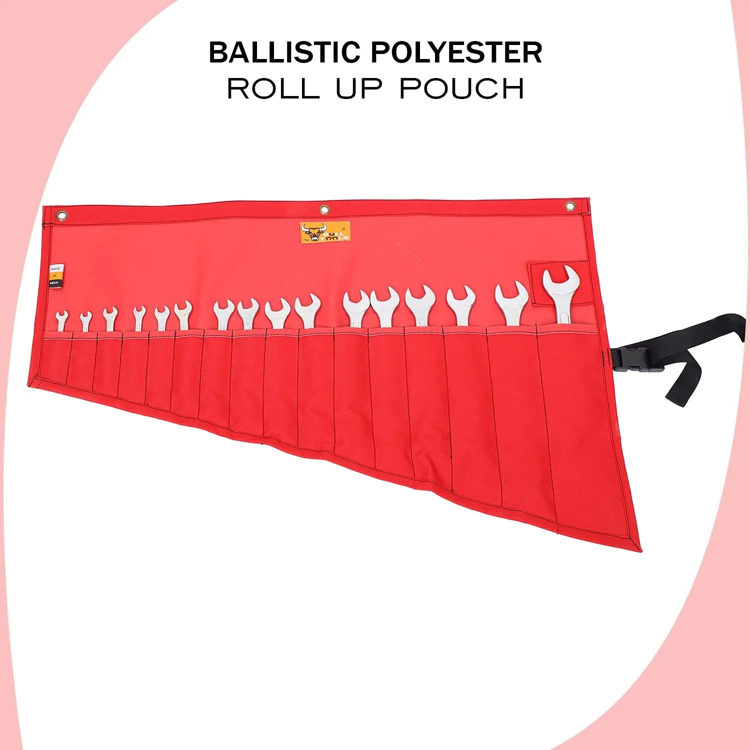 Roll-Up Wrench Organizer Bag SAE & Metric Wrench Tool Pouch 16 Pockets Heavy-Duty Waterproof Ballistic Polyester Canvas for Mechanics, DIY Projects, Garage Use - Red (Tools Not Included)