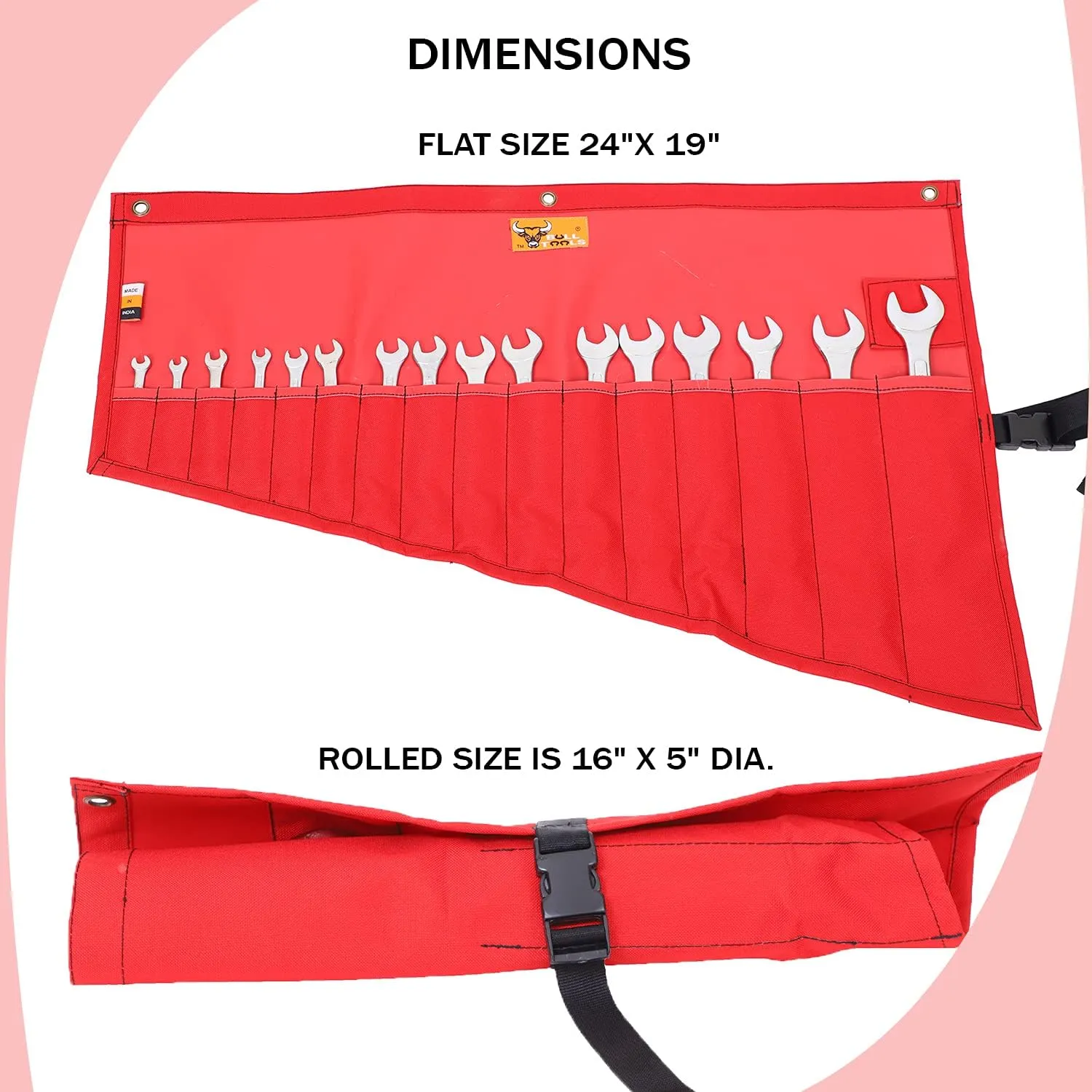 Roll-Up Wrench Organizer Bag SAE & Metric Wrench Tool Pouch 16 Pockets Heavy-Duty Waterproof Ballistic Polyester Canvas for Mechanics, DIY Projects, Garage Use - Red (Tools Not Included)