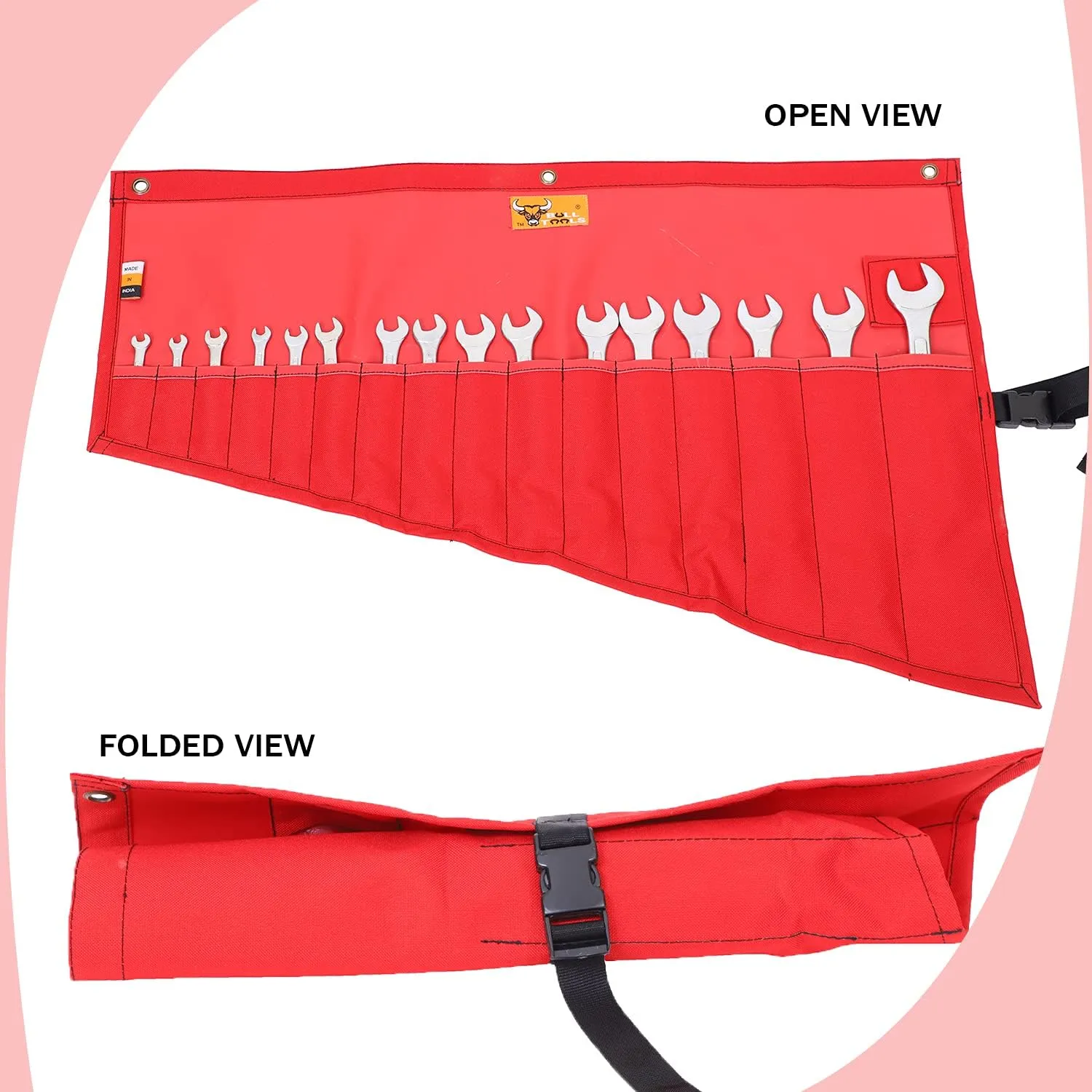 Roll-Up Wrench Organizer Bag SAE & Metric Wrench Tool Pouch 16 Pockets Heavy-Duty Waterproof Ballistic Polyester Canvas for Mechanics, DIY Projects, Garage Use - Red (Tools Not Included)