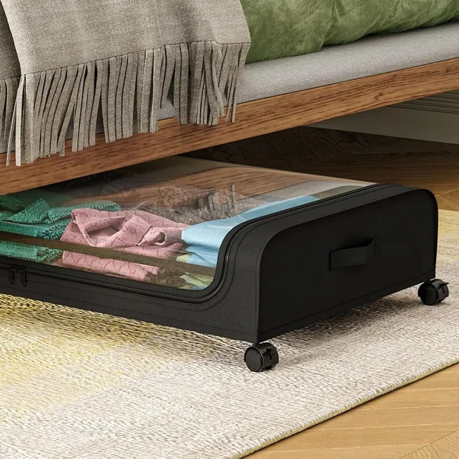 Rollable Under Bed Storage Bag with Wheels and Handles, Underbed Storage Containers Large Capacity Storage Bins with Clear Window for Clothes Blanket Comforter Bedding,Black Gray