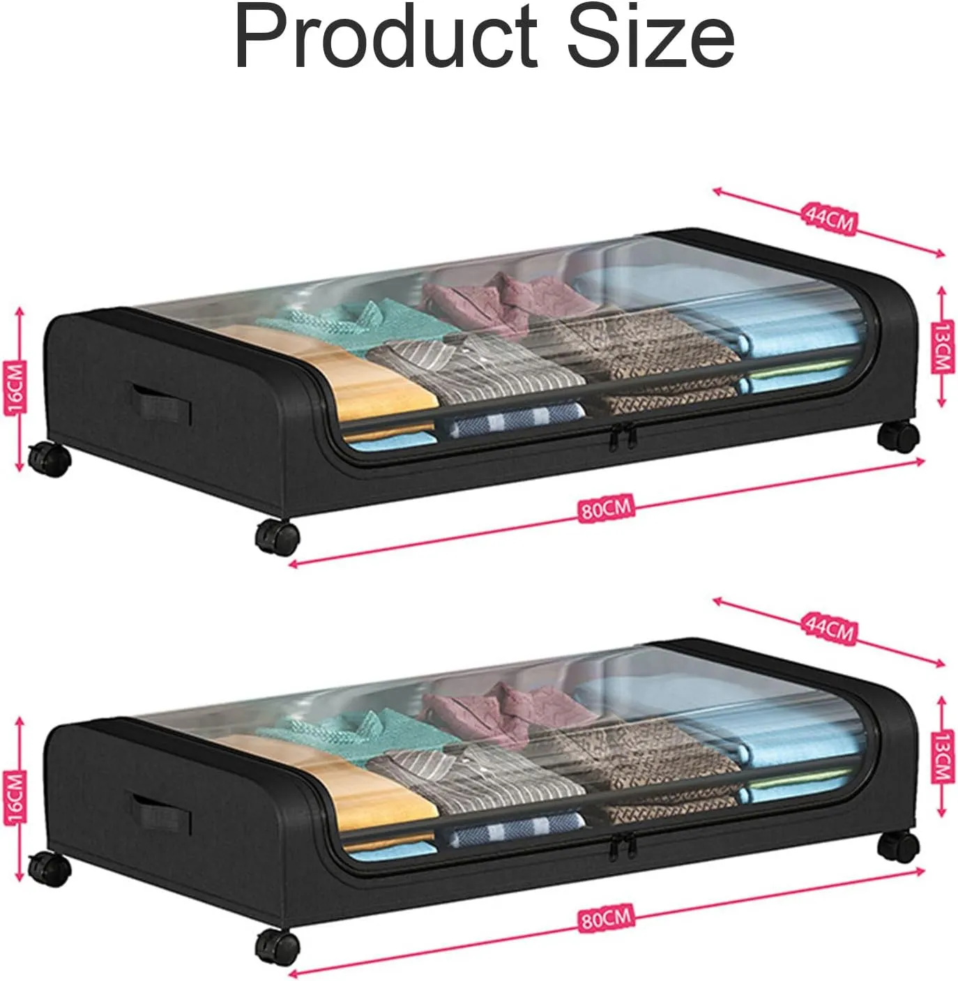 Rollable Under Bed Storage Bag with Wheels and Handles, Underbed Storage Containers Large Capacity Storage Bins with Clear Window for Clothes Blanket Comforter Bedding,Black Gray