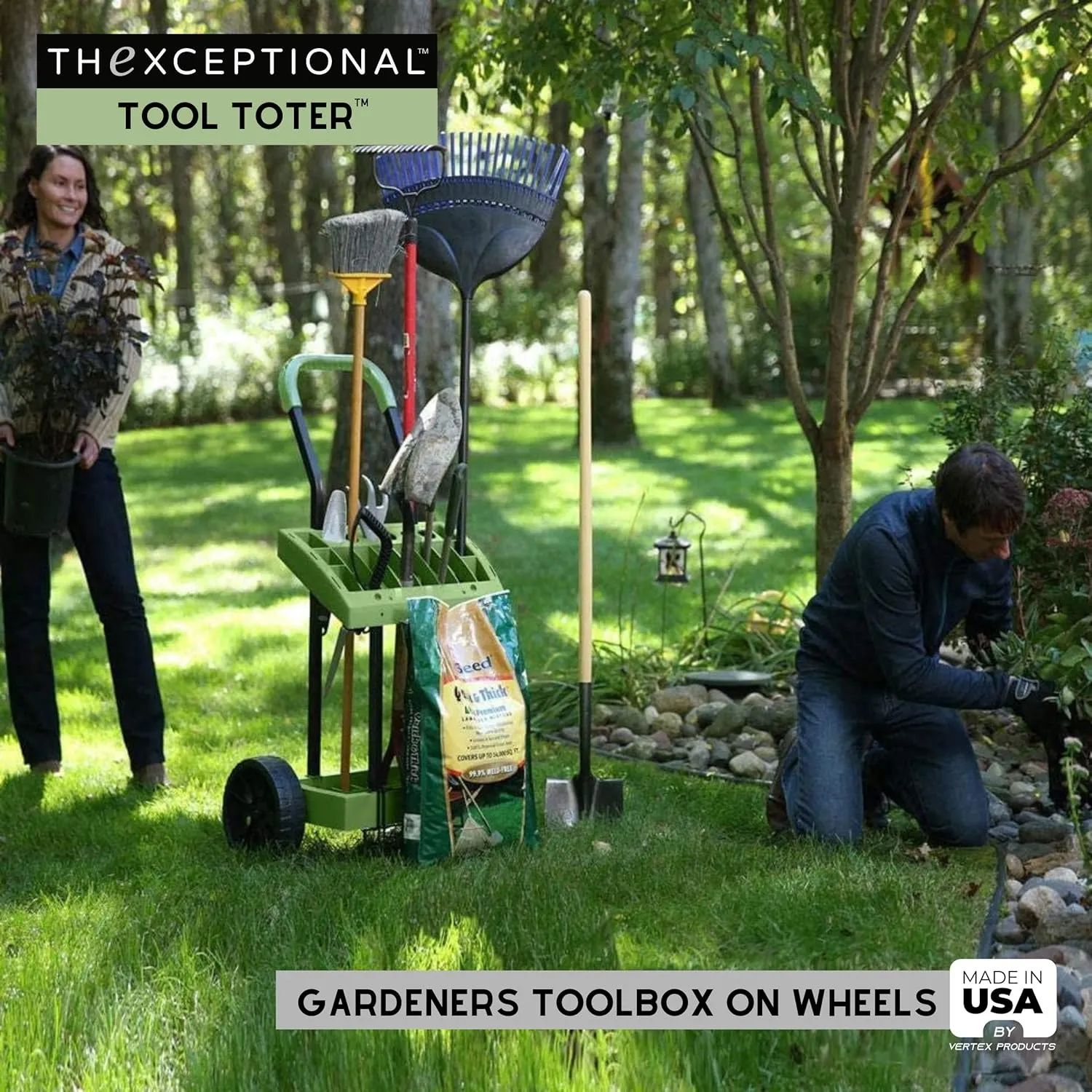 Rolling Tool Toter Cart & Bucket with Load Toter Lift Plate | Gardeners Tool Box On Wheels | Store, Organize & Mobilize Rake, Shovel, Hoe | Made in USA by Vertex Products | Model EX630