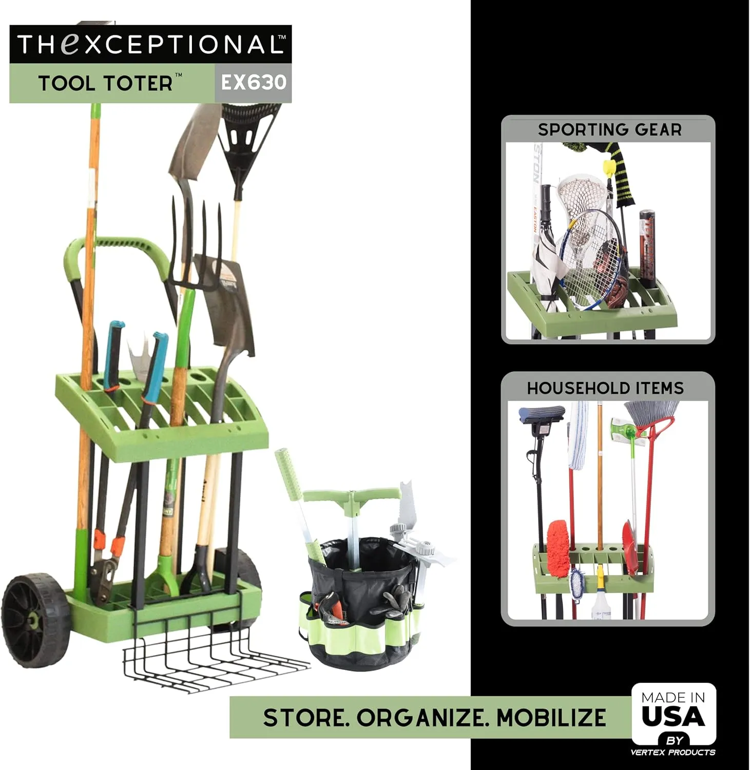Rolling Tool Toter Cart & Bucket with Load Toter Lift Plate | Gardeners Tool Box On Wheels | Store, Organize & Mobilize Rake, Shovel, Hoe | Made in USA by Vertex Products | Model EX630