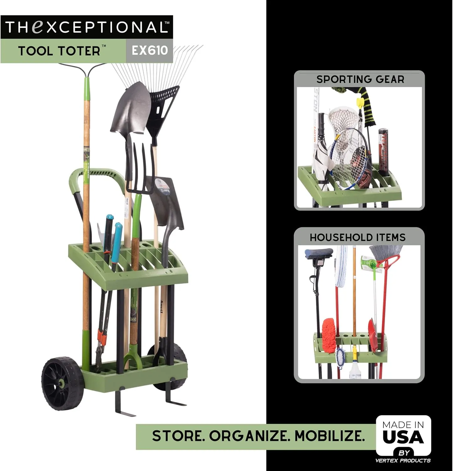 Rolling Tool Toter | Storage Rack On Wheels for Yard, Garden and Lawn Care | Store & Organize Sporting Gear & Sport Equipment | Garage Tool Cart | Made in USA by Vertex Products | Model EX610