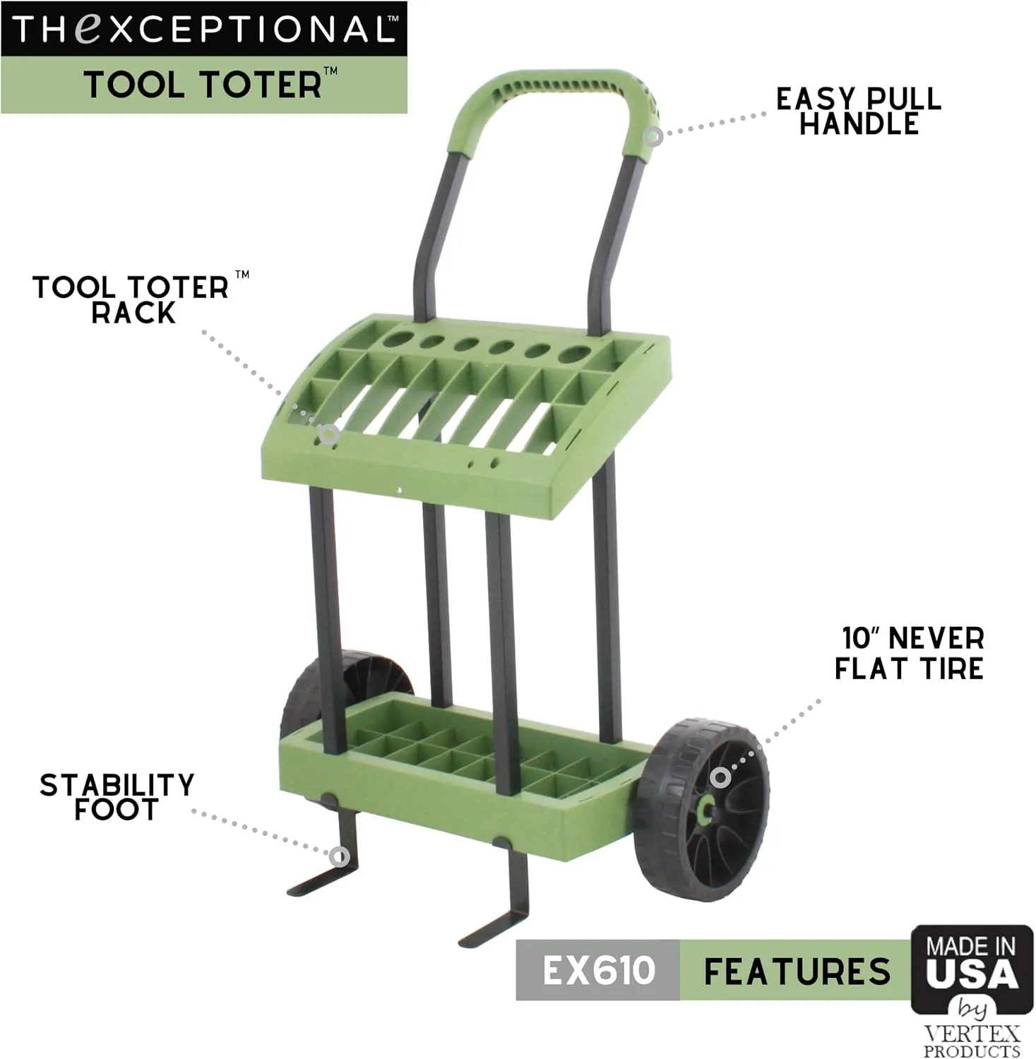 Rolling Tool Toter | Storage Rack On Wheels for Yard, Garden and Lawn Care | Store & Organize Sporting Gear & Sport Equipment | Garage Tool Cart | Made in USA by Vertex Products | Model EX610