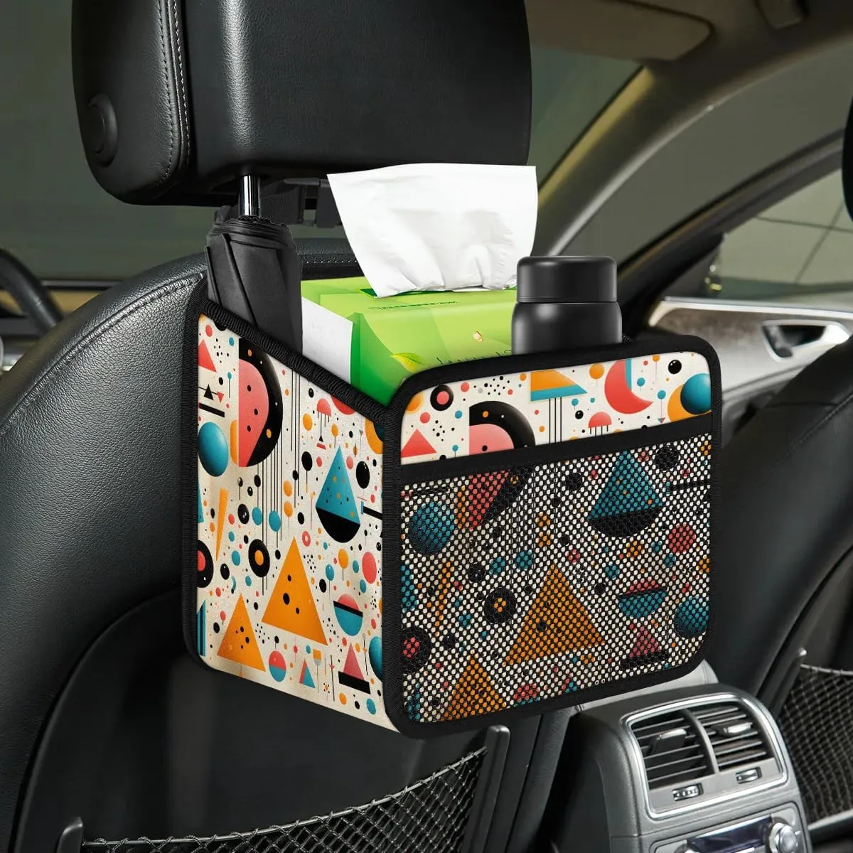 Round Triangle Automotive Trash Can Fashion Imprint Leather Automotive Trash Bag, Fits Most Cars, Trucks, SUV's Front/Rear Seats/Console - Automotive Interior Accessories