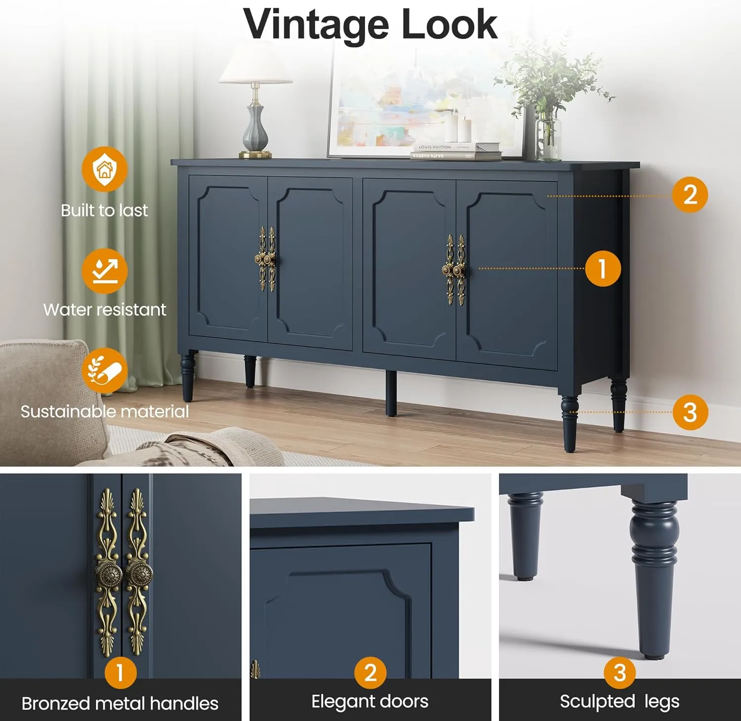 RoyalCraft Large Sideboard Buffet Cabinet with Storage, 58'' Modern Credenza Buffet Table Coffee Bar Wine Bar Storage Cabinet with Artistic Carved Handle for Dining Room Living Room, (Navy Blue)