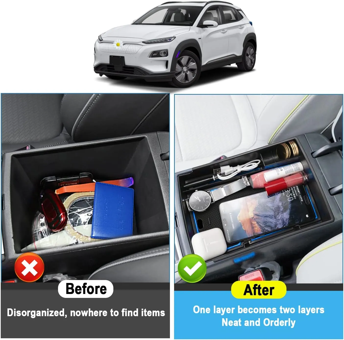 Ruiya Kona EV Center Console Organizer 2019-2024 Kona EV Console Organizer Kona Electric Accessories Armrest Glove Tray Compatible with 2019 2020 2021 2022 2023 2024 Kona Electric SE/SEL/Limited