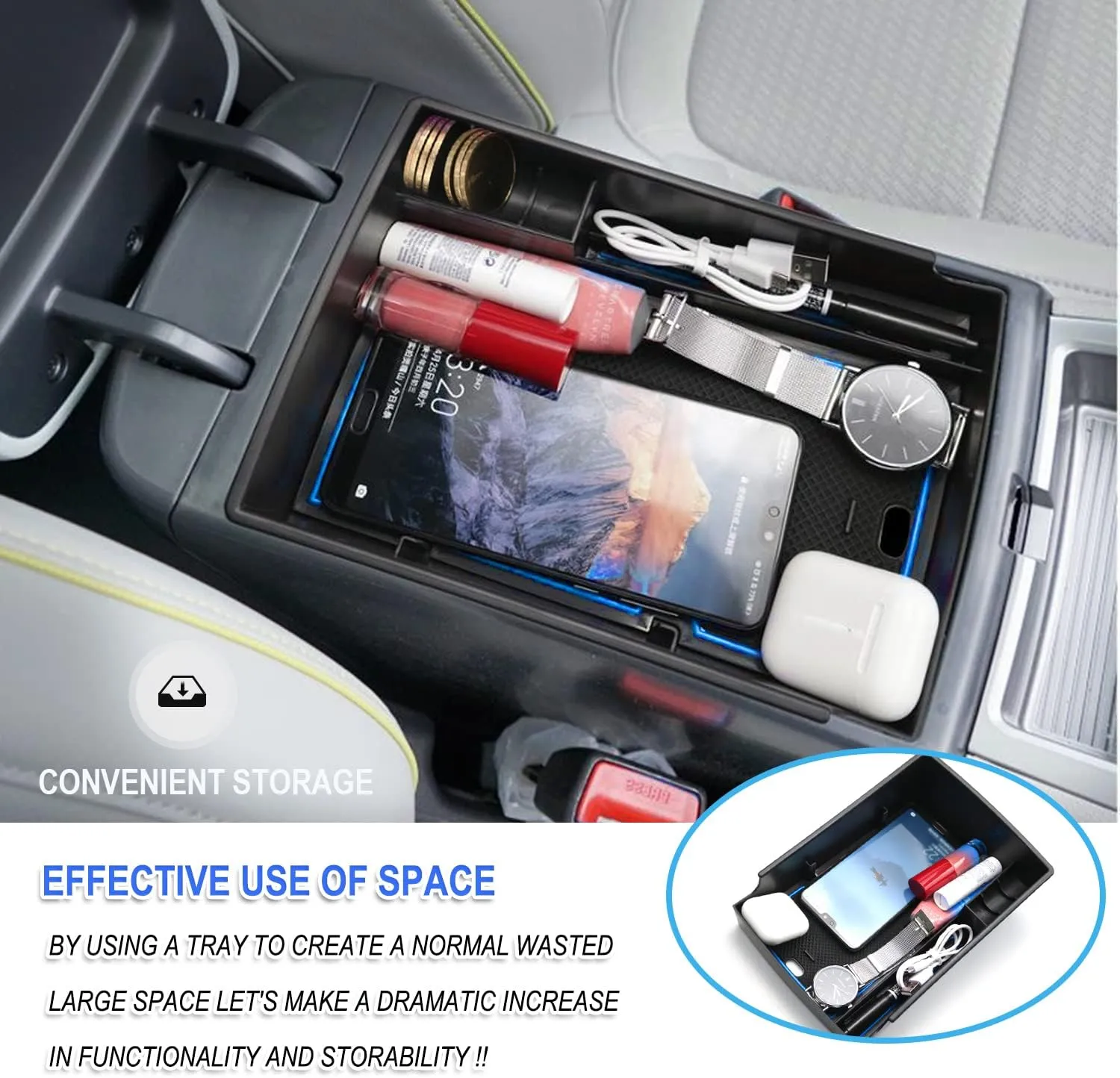 Ruiya Kona EV Center Console Organizer 2019-2024 Kona EV Console Organizer Kona Electric Accessories Armrest Glove Tray Compatible with 2019 2020 2021 2022 2023 2024 Kona Electric SE/SEL/Limited