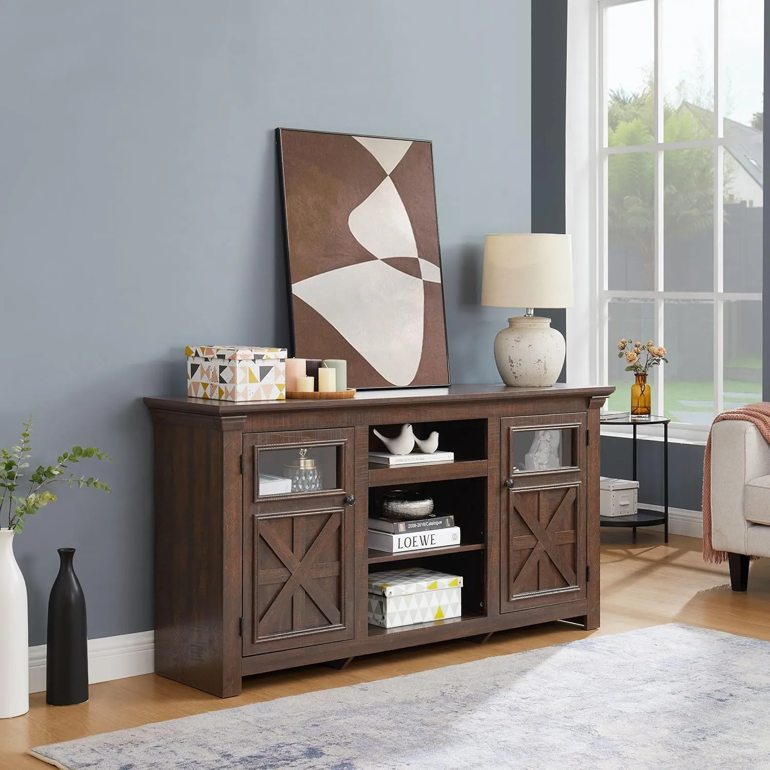 Rustic Farmhouse TV Stand for 70" TV, Modern Entertainment Center with Storage & Glass Barn Doors - Espresso, 60" W x 15.5" D x 32" H