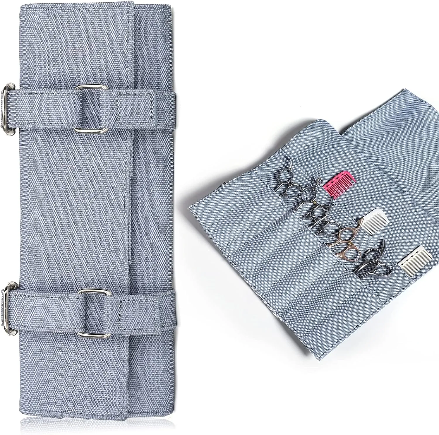 Salon Scissors Bag Roll Up, 14 Pockets PU Stylist Grooming Scissors Holder Barber Hair Scissor Shears Cases for Hairdressers (HJ-ZP012-Blue)
