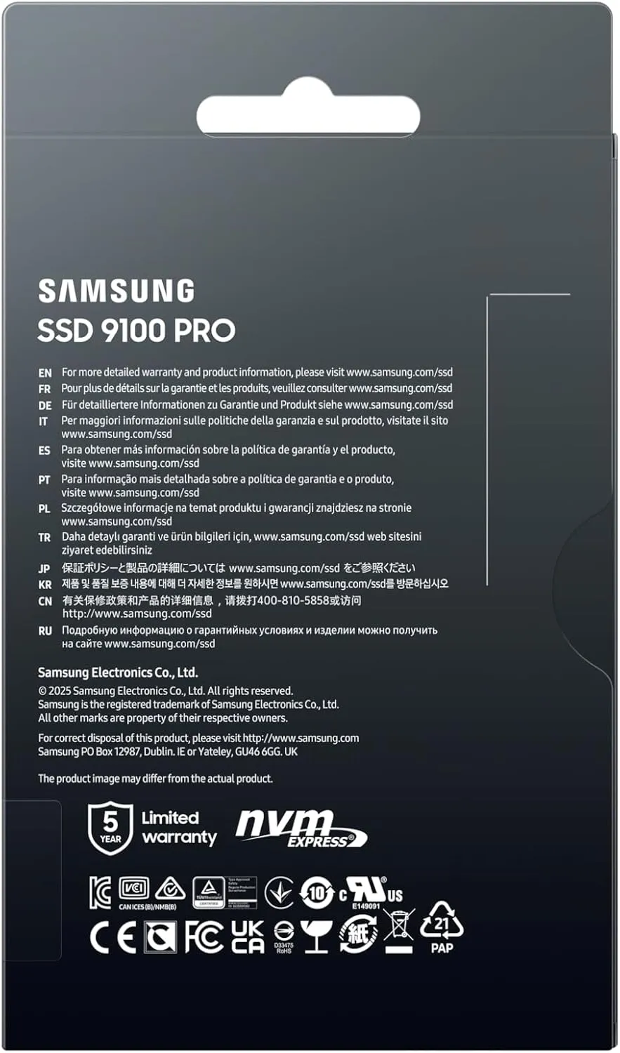 Samsung SSD 9100 PRO 4TB, PCIe 5.0x4 M.2 2280, Seq. Read Speeds Up to 14,800MB/s, Best for AI Computing, Gaming, and Heavy Duty Workstations (MZ VAP4T0B/AM)