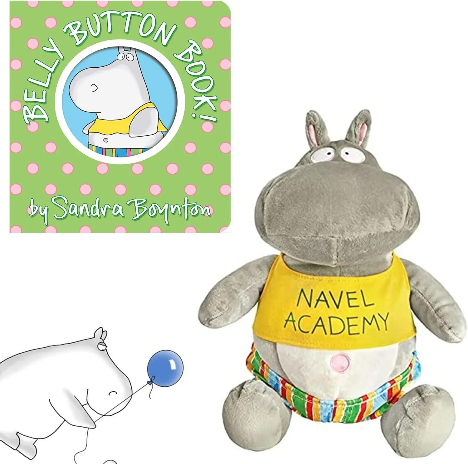Sandra Boynton Board Book and Stuffed Animal Gift Set – Belly Button Book Boardbook, MerryMakers Hippopotamus Hippo Plush Doll Toy and We 3 Books Art 5.5x3.3 in. and Gift - Book Bag