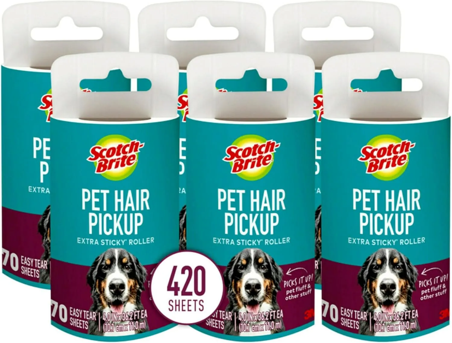Scotch-Brite Pet Hair Pickup Extra Sticky Lint Roller, Designed for Removing Fur   Fluff on Couches, Clothes, Dog and Cat Beds, & More, 6 Pack, 420 Easy-Tear Adhesive Sheets Total