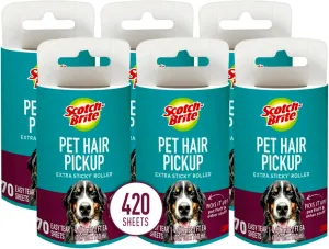 Scotch-Brite Pet Hair Pickup Extra Sticky Lint Roller, Designed for Removing Fur   Fluff on Couches, Clothes, Dog and Cat Beds, & More, 6 Pack, 420 Easy-Tear Adhesive Sheets Total