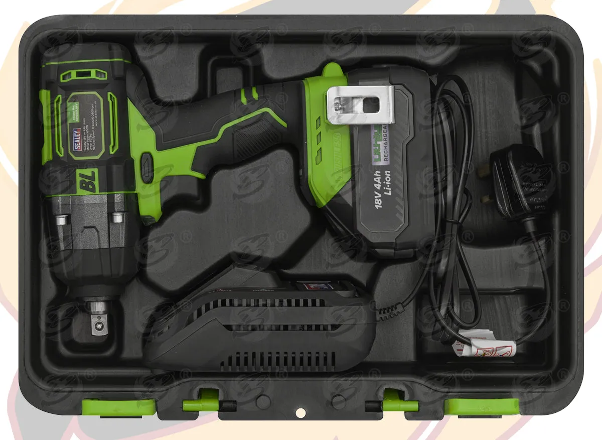 SEALEY 18V 4Ah 1/2" DRIVE BRUSHLESS CORDLESS IMPACT WRENCH 650Nm & 13PCS 6 POINT SHALLOW IMPACT SOCKETS 10MM - 24MM