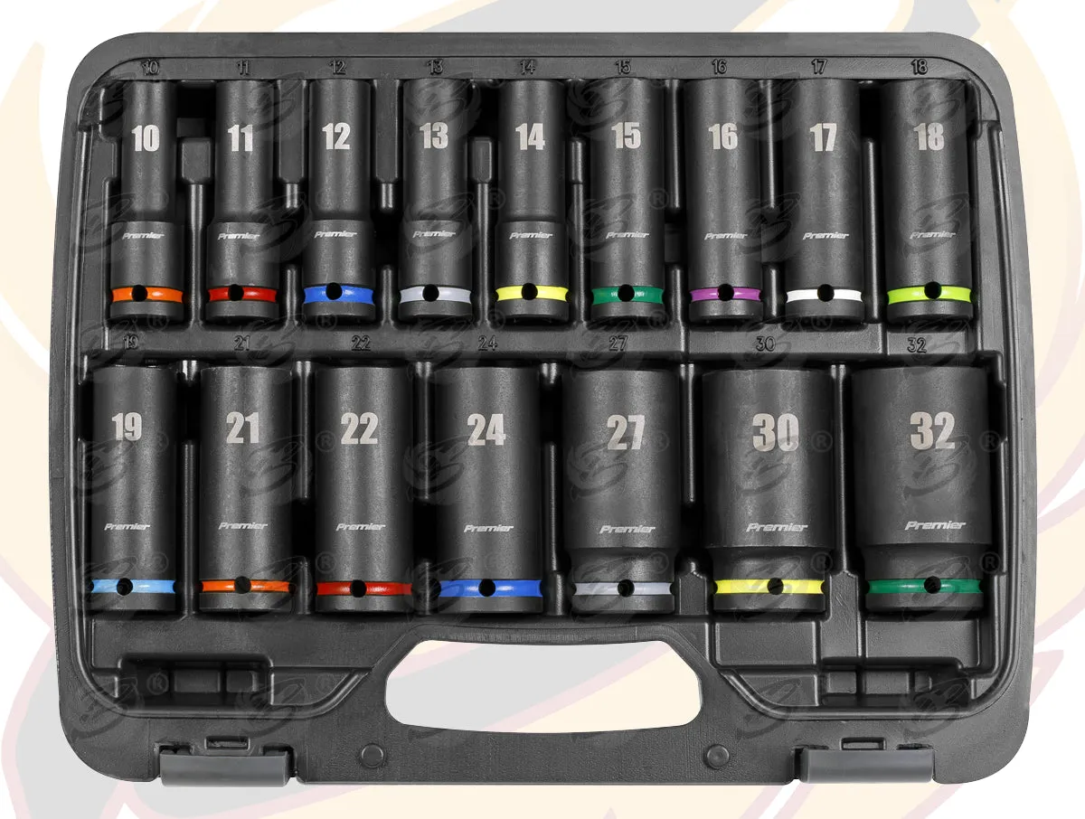 SEALEY 18V 4Ah 1/2" DRIVE BRUSHLESS IMPACT WRENCH 650Nm & 16PCS 6 POINT DEEP IMPACT SOCKETS 10MM - 32MM