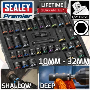 SEALEY 34PCS 1/2" DRIVE 6 POINT DEEP & SHALLOW IMPACT SOCKETS 10MM - 32MM