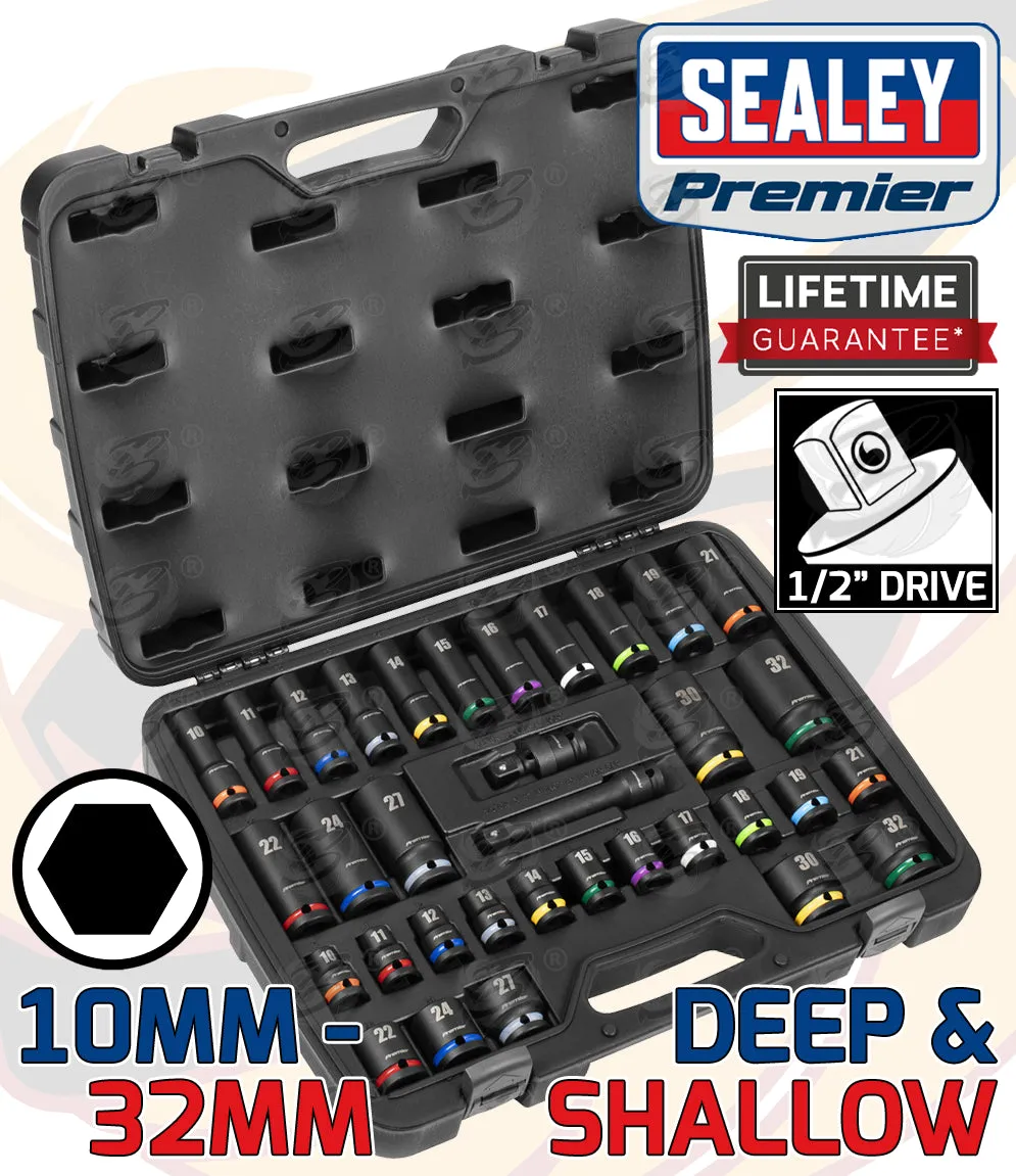 SEALEY 34PCS 1/2" DRIVE 6 POINT DEEP & SHALLOW IMPACT SOCKETS 10MM - 32MM