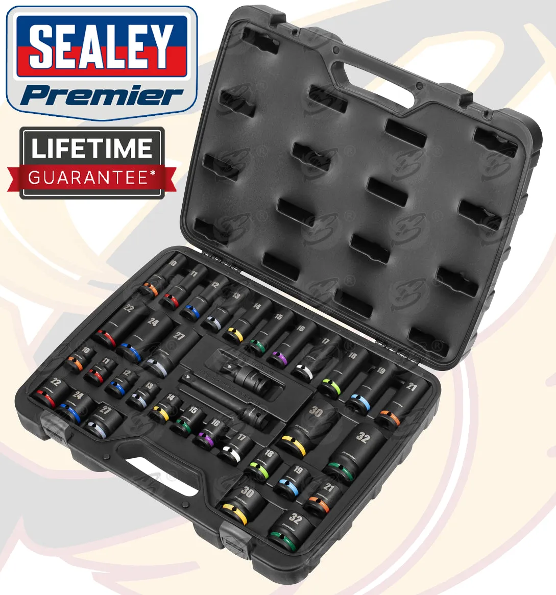 SEALEY 34PCS 1/2" DRIVE 6 POINT DEEP & SHALLOW IMPACT SOCKETS 10MM - 32MM
