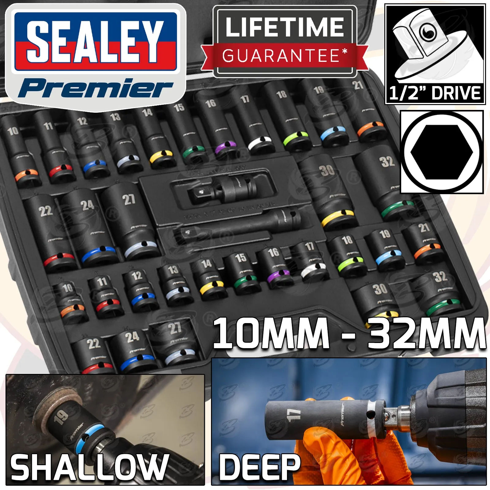 SEALEY 34PCS 1/2" DRIVE 6 POINT DEEP & SHALLOW IMPACT SOCKETS 10MM - 32MM