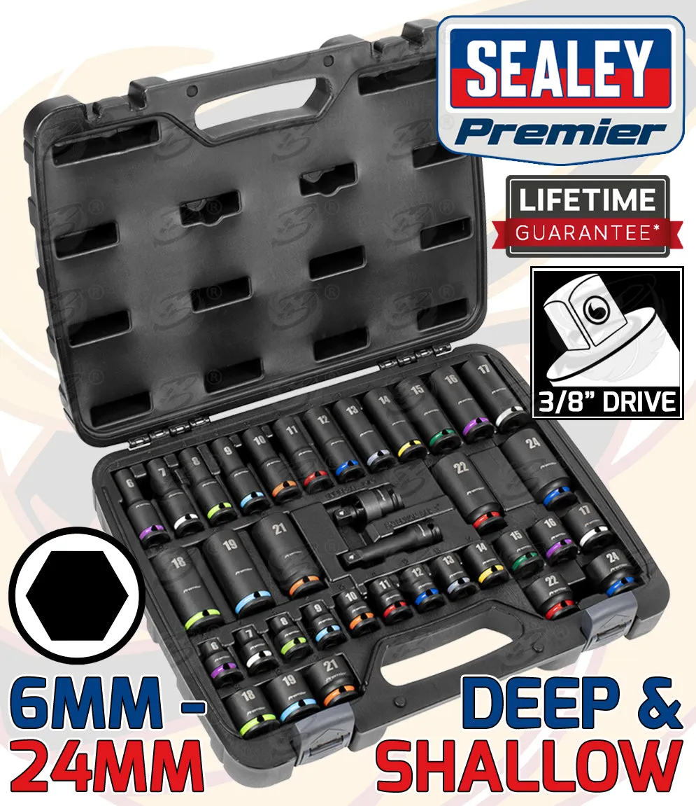 SEALEY 36PCS 3/8" DRIVE 6 POINT DEEP & SHALLOW IMPACT SOCKETS 6MM - 24MM