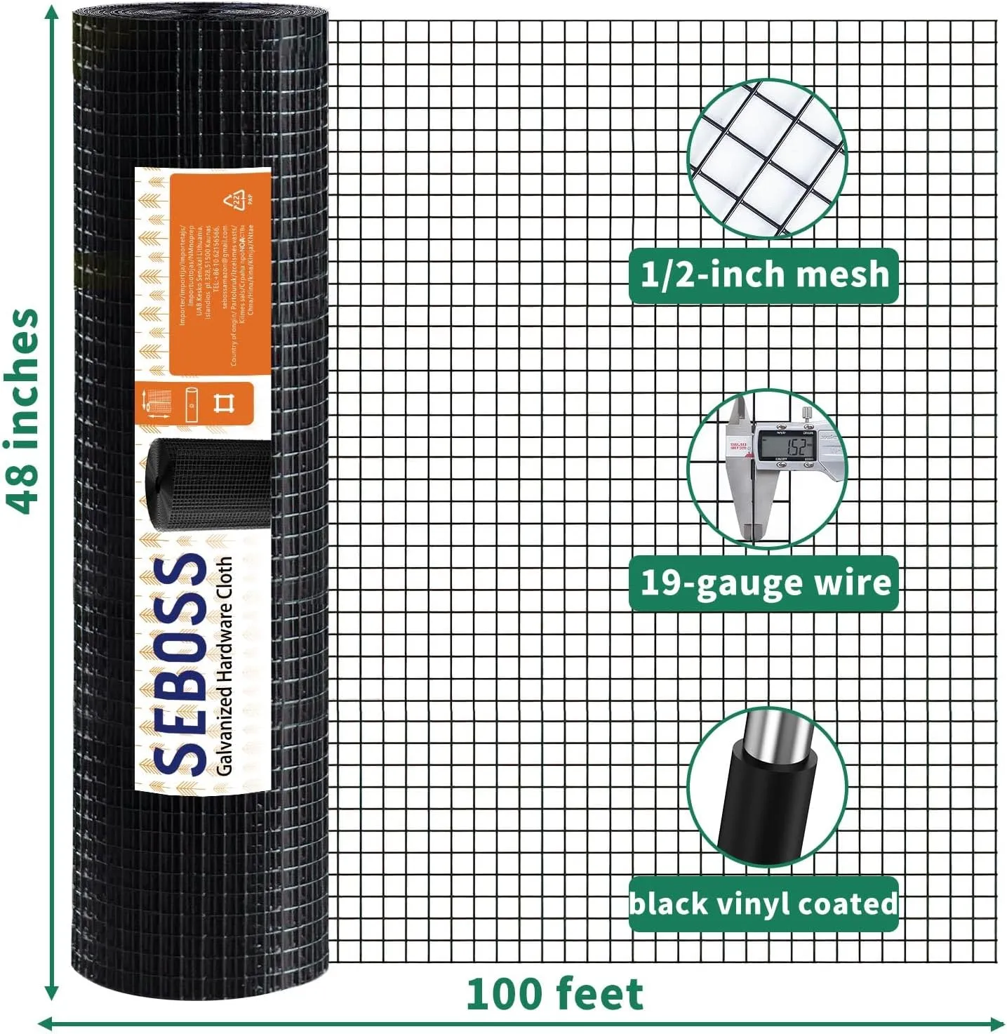 SEBOSS Hardware Cloth 1/2 inch 48x100 19-Gauge, Black Vinyl Coated, Chicken Wire Fencing, Chicken Wire Mesh Roll, Garden Fencing, Welded Wire Fence Roll, Wire Mesh Fencing