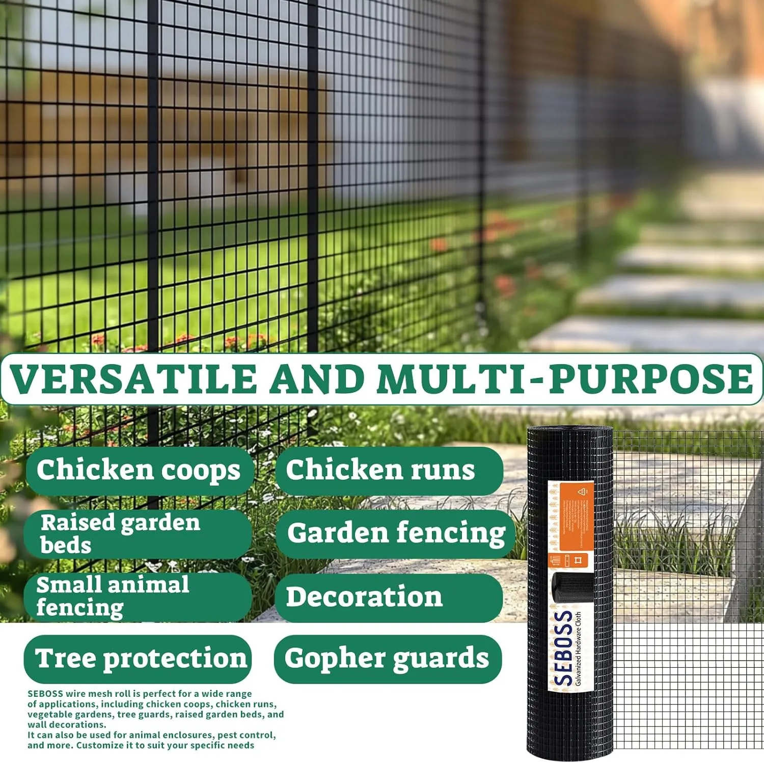 SEBOSS Hardware Cloth 1/2 inch 48x100 19-Gauge, Black Vinyl Coated, Chicken Wire Fencing, Chicken Wire Mesh Roll, Garden Fencing, Welded Wire Fence Roll, Wire Mesh Fencing