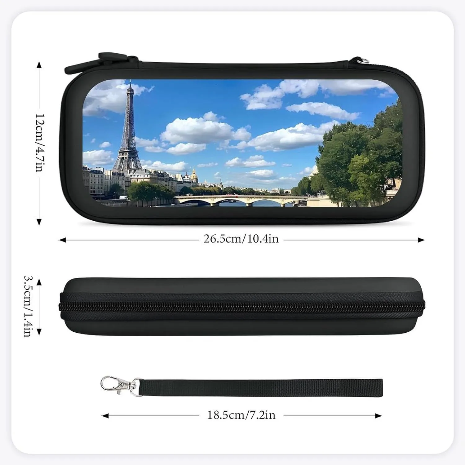 Seine River Paris France Eiffel Tower Hard Shell Travel Case with Rope 15 Game Card Pockets Compatible with Switch Protective