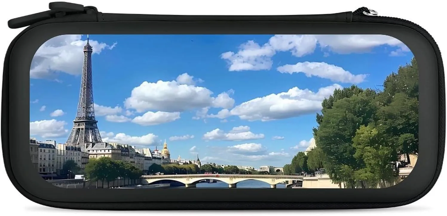Seine River Paris France Eiffel Tower Hard Shell Travel Case with Rope 15 Game Card Pockets Compatible with Switch Protective
