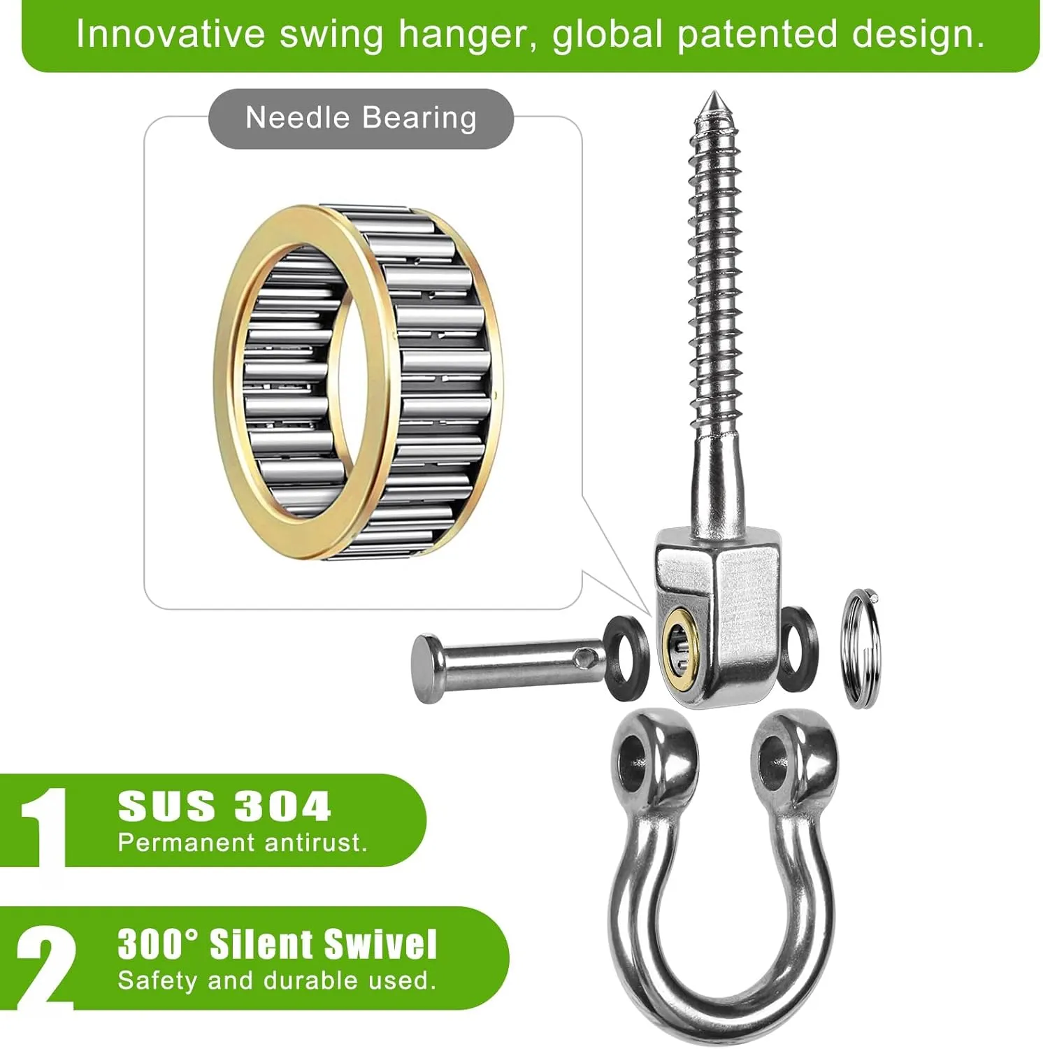 SELEWARE Heavy Duty Swing Hangers with Bearings, 4-Pack - Stainless Steel Porch Swing Hardware for Patio & Playground, Quiet Swivel Hooks - Indoor/Outdoor Heavy Duty Swing Hardware, 1500LB Capacity