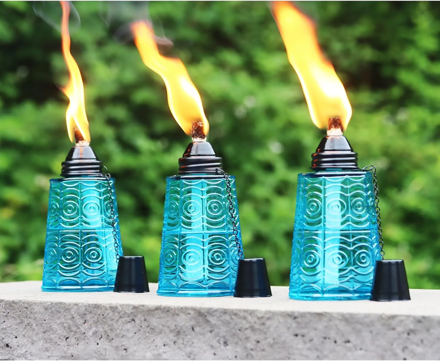 Seraphic Citronella Table Top Torches for Outdoor Patio, 16oz Decorative Glass Torch Citronella Candles for Outside Deck, Garden, Parties, Set of 3, Blue