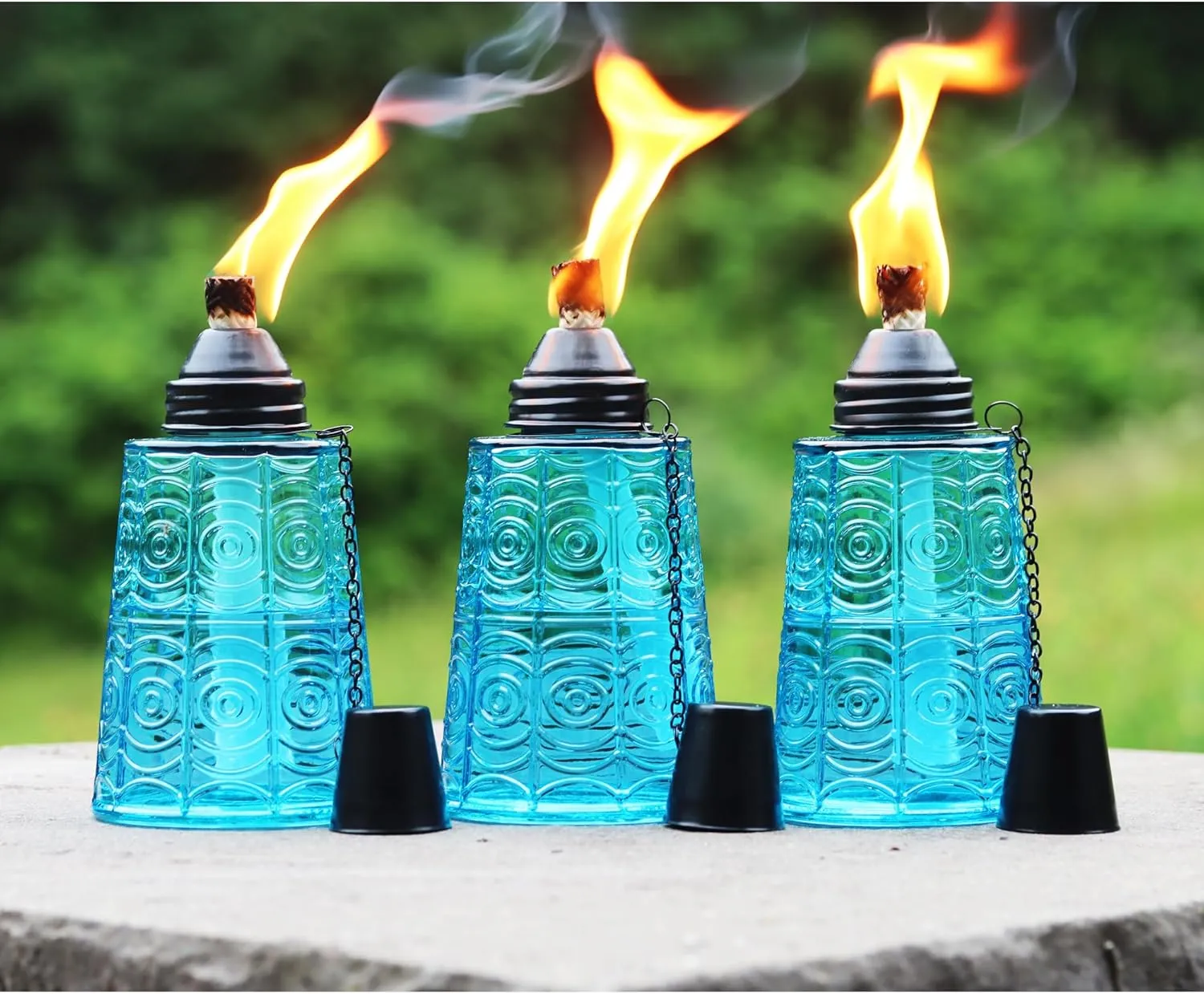 Seraphic Citronella Table Top Torches for Outdoor Patio, 16oz Decorative Glass Torch Citronella Candles for Outside Deck, Garden, Parties, Set of 3, Blue