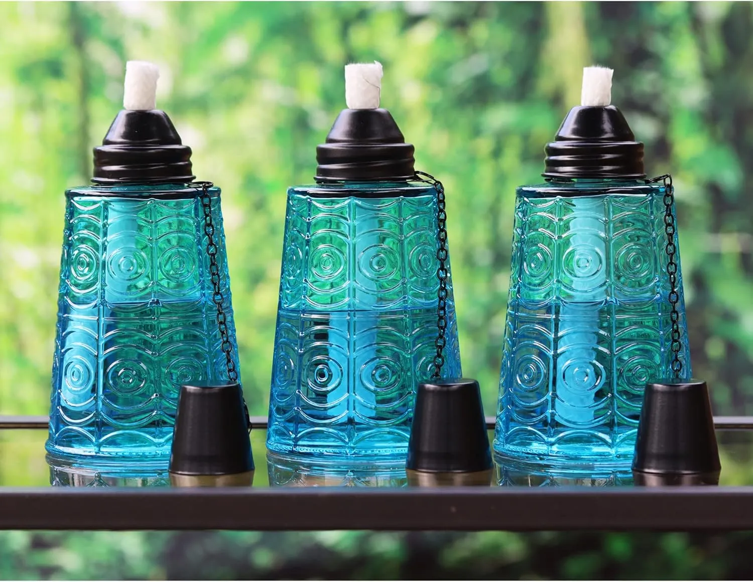 Seraphic Citronella Table Top Torches for Outdoor Patio, 16oz Decorative Glass Torch Citronella Candles for Outside Deck, Garden, Parties, Set of 3, Blue
