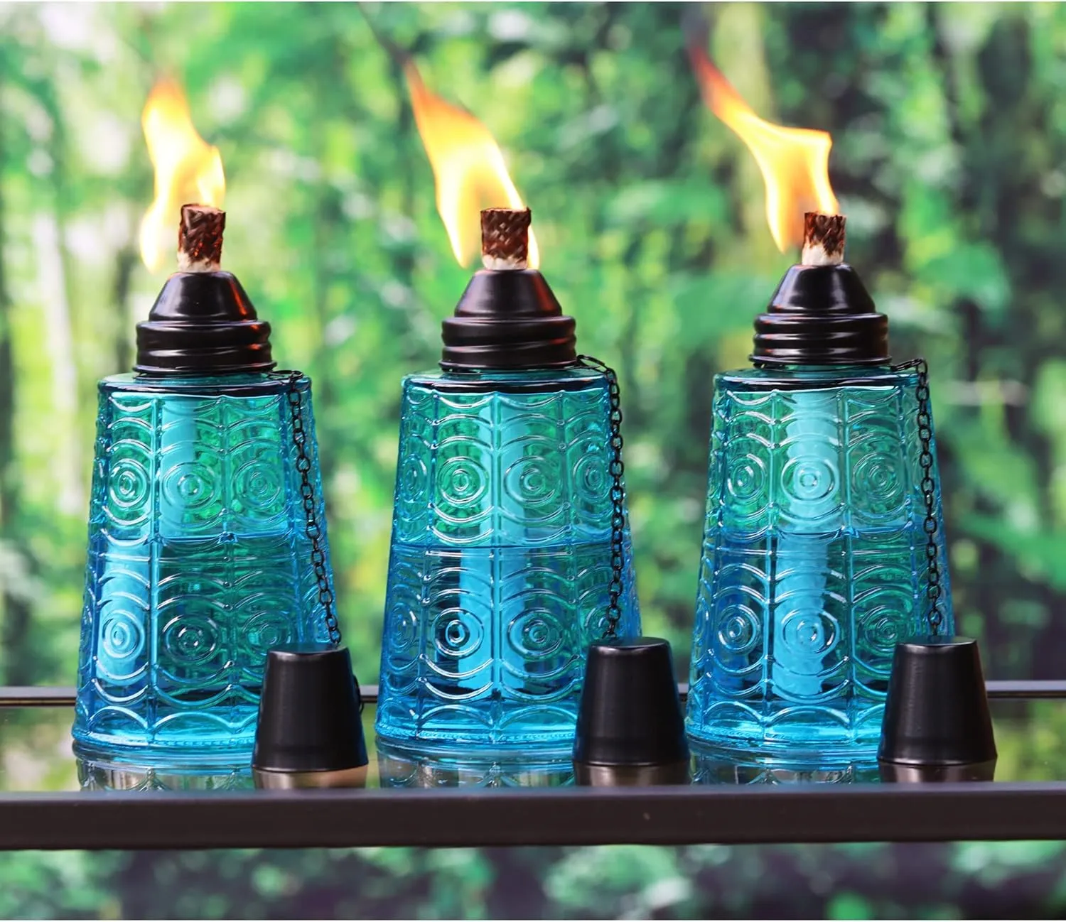 Seraphic Citronella Table Top Torches for Outdoor Patio, 16oz Decorative Glass Torch Citronella Candles for Outside Deck, Garden, Parties, Set of 3, Blue